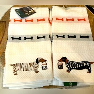 Dachshund Halloween Kitchen Towels 1 mummy Doxie 1 skeleton Doxie Embroidered